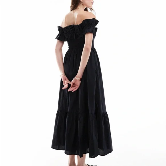 Abercrombie & Fitch Midi Dress Black Off The Shoulder Ruffle - Picture 2 of 7